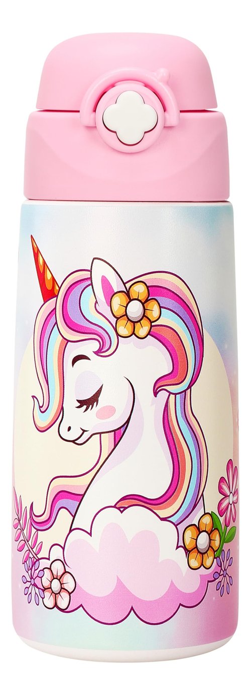 Ntswasd Girls Insulated Water Bottle with Covered Pop-Up Straw,16 oz Kids Cups with Stainless Steel Leak Proof for School Pink（Unicorn）