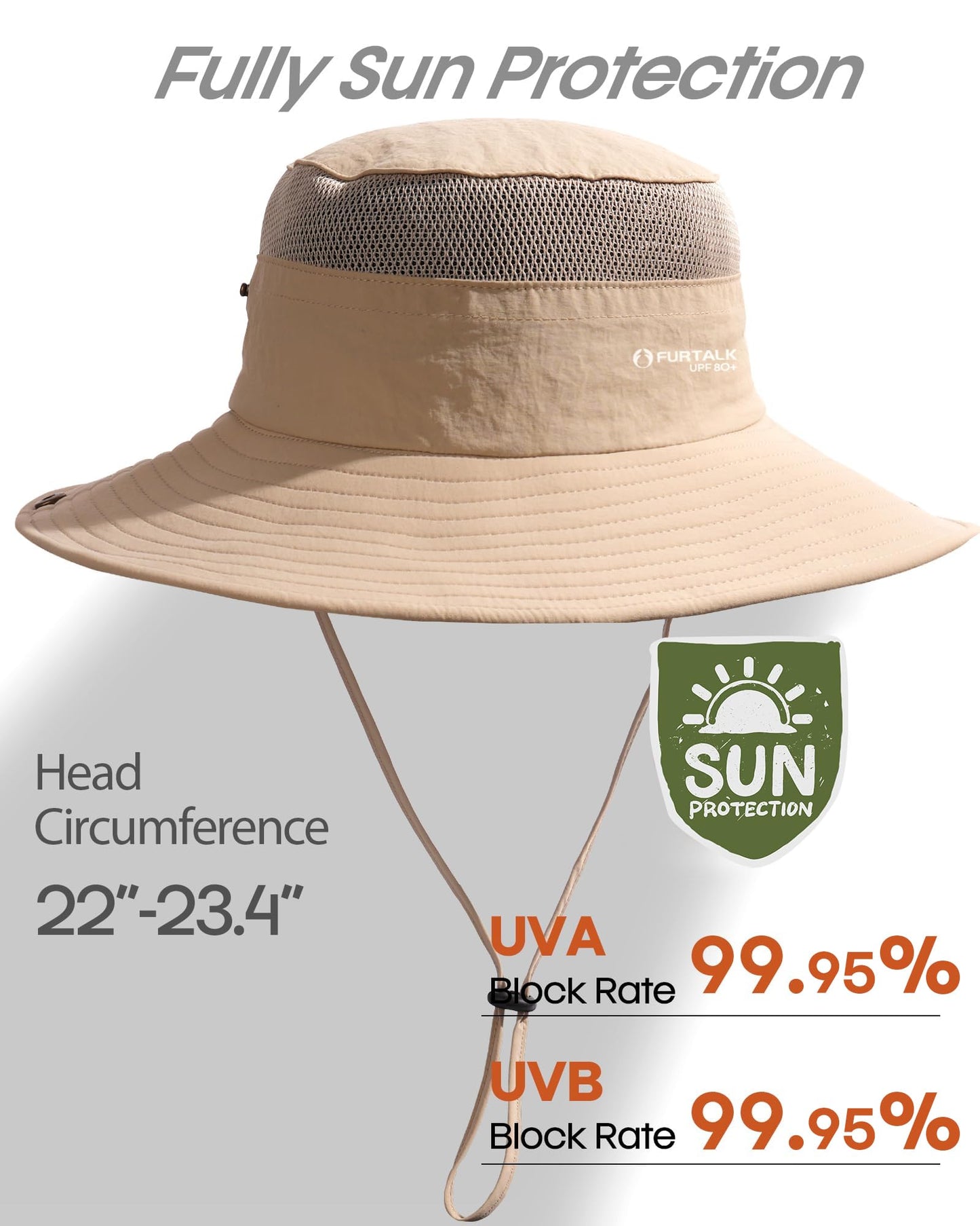 FURTALK Sun Hats for Men Women Fishing Hat UPF 80+ Breathable Wide Brim Hiking Summer UV Protection Bucket Hats Khaki
