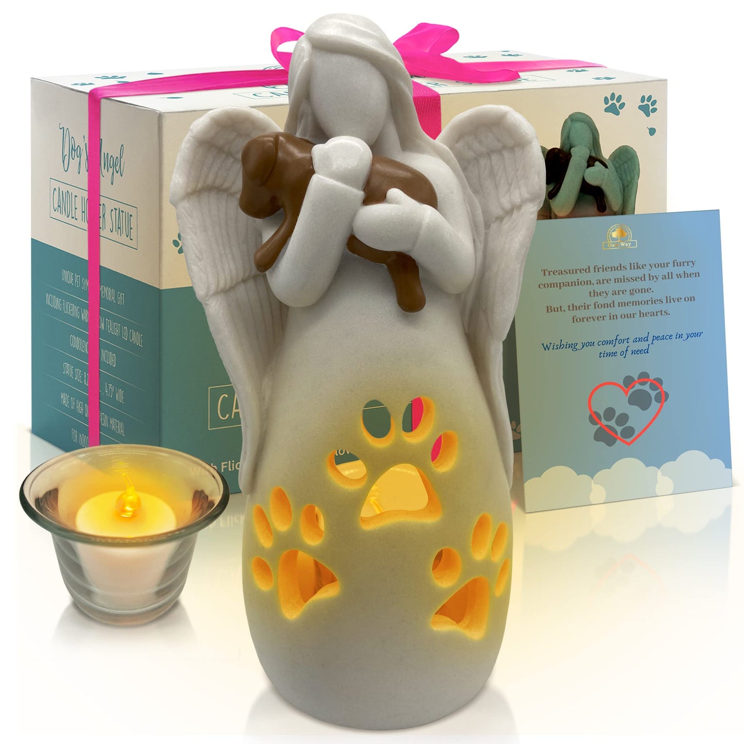OakiWay Dog Memorial Gifts – Dog's Angel Candle Holder Statue w/Flickering Led Candle - Pet Loss Gifts, Dog Lovers Gifts for Women, Sympathy Gift Ideas for Loss of Dog, Angel Figurines Dog Decor