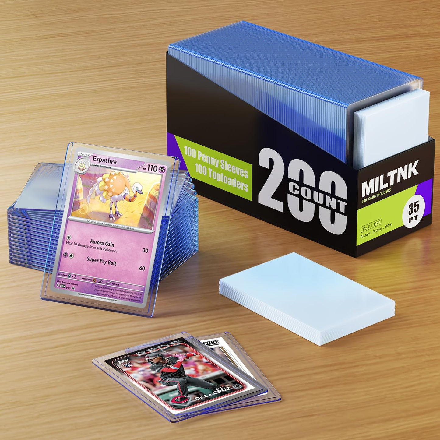 180 Pack Card Sleeves Toploaders, Hard Plastic Top Loaders, Baseball Sports Trading PKM Card Holder Protectors (90 Toploaders + 90 Sleeves)