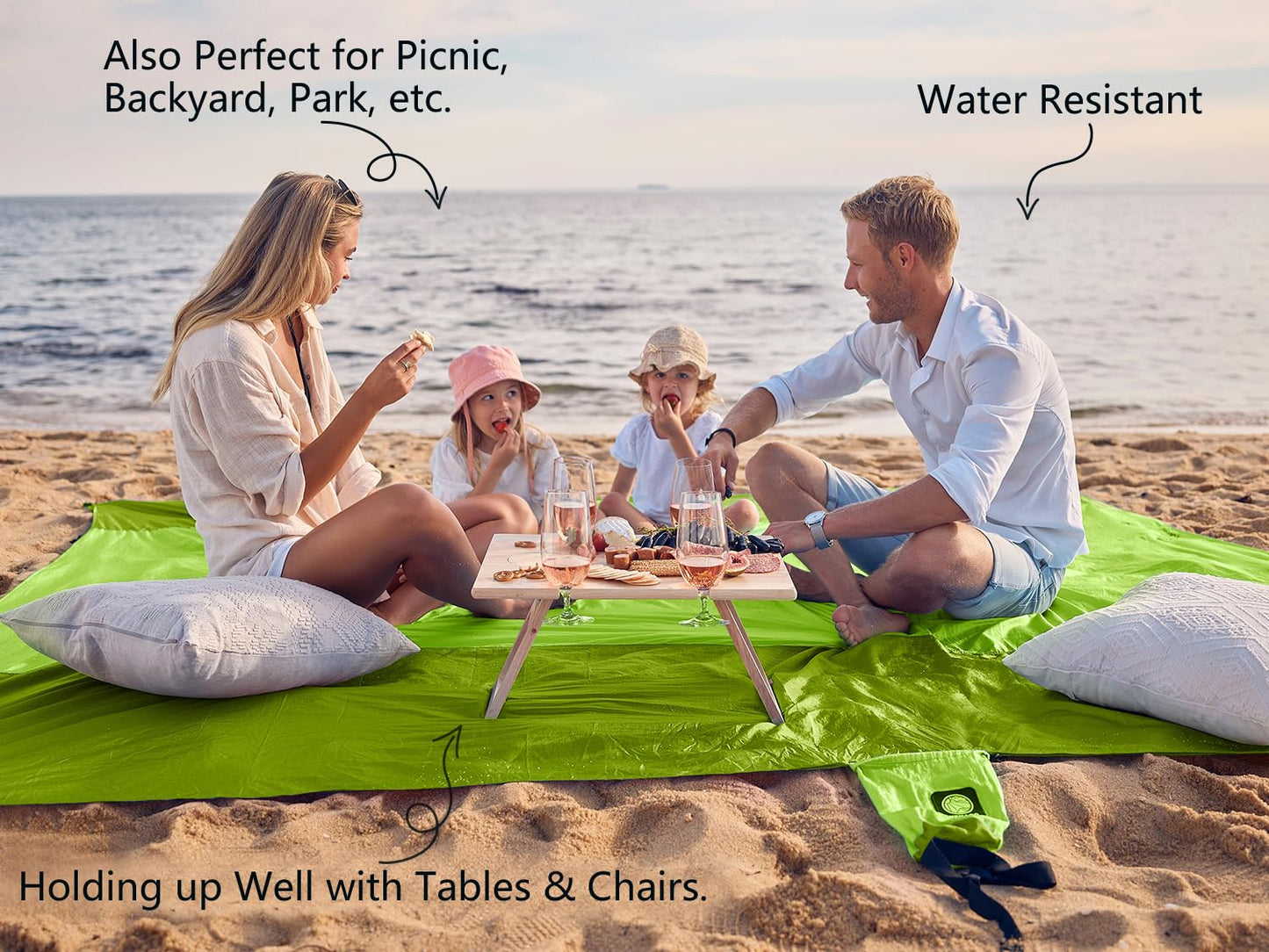 WEKAPO Beach Blanket - Sandproof Waterproof Extra Large Beach Mat | Oversized Sand-Free Lightweight Quick-Drying | Beach Vacation Essentials with Stakes & Corner Pockets (Green, 9x7 FT)