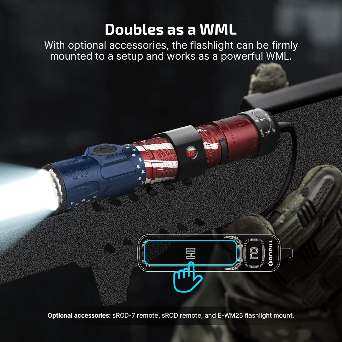 OLIGHT Warrior Ultra 2500 Lumens Tactical Flashlight, Compact Dual Switches Rechargeable Bright Light with Proximity Sensor, Suitable for Emergency, Outdoor, Searching (Stars & Stripes Edition)