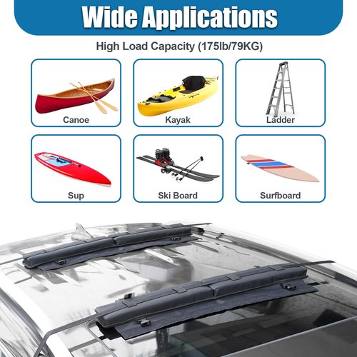 ChimimeDecor Universal Soft Roof Rack Pads Luggage Carrier System for Kayak,Surfboard, SUP, Canoe, Snowboard with 2 Tie Down Straps, 2 Tie Down Ropes, 2 Hood Loops and Storage Bag(Black)
