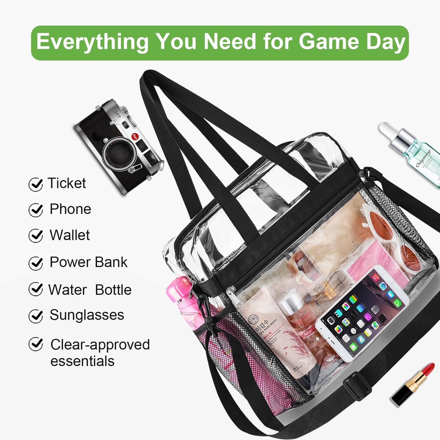 Oraben Clear Tote Bag Clear Bag Stadium Approved 12x6x12 Stadium Bag for Work, Sports Games,Gym Black,One Pocket
