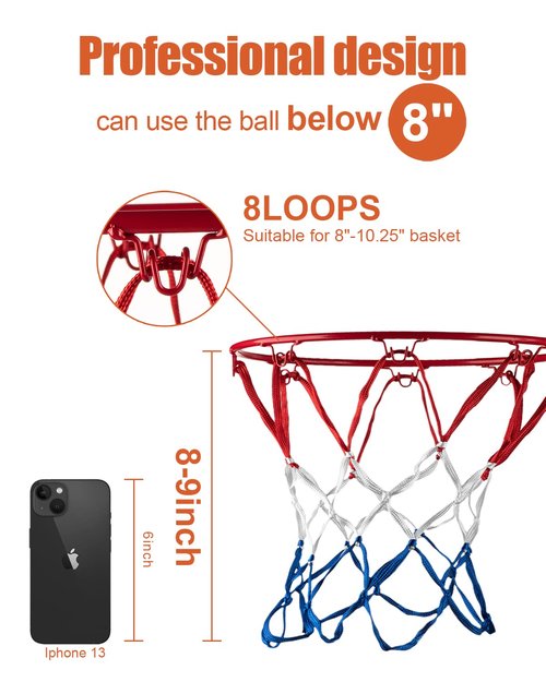 XXXYYY Mini Basketball Net Replacement 8 Loop [2 Pack], Vibrant Color, for Indoor Door/Room Walls 8"-10.25" Hoop - Red White and Blue