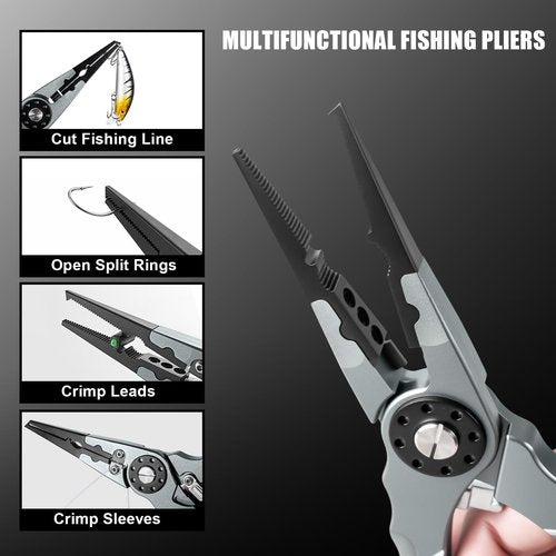 7.8" Lockable Saltwater Fishing Pliers, Aviation-grade Aluminum & Tungsten Cutters | Corrosion-Proof, with Replaceable Blades Set, Fishing Gear Gifts for Men, Adults, Kids