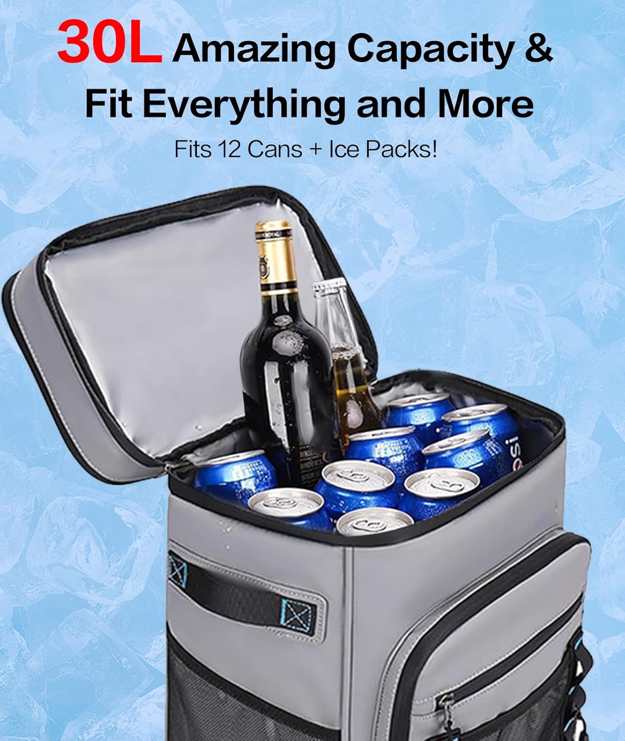 Insulated Cooler Backpack 30L - Leak Proof, 24+ Hour Ice Retention, Lightweight for Camping, Beach, Hiking with Bottle Opener - Gray
