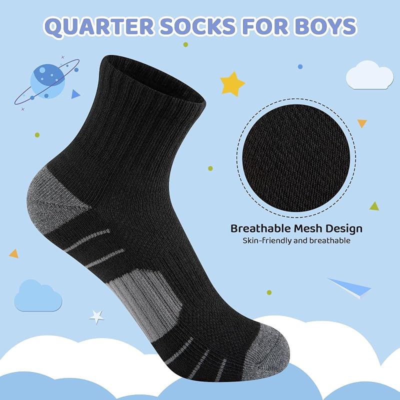 12 Pairs Boys Athletic Socks Cushioned Quarter Crew with Arch Support – Var: 12 Pairs Black, 7-10 Years