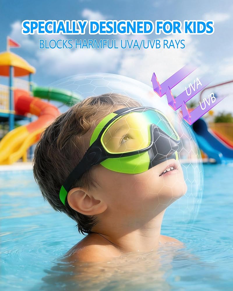 Kids Swim Goggles 2 Pack - Soft Silicone Anti-Fog UV Protection, Blue/Green & Black