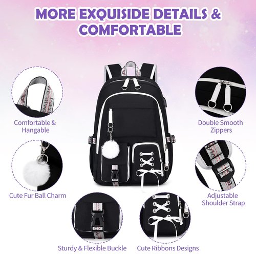 ACESAK Backpacks for Girls, Girls Backpack with Lunch Box and Pencil Case for Teen Kids Elementary Middle High School College Student, Children School Backpack Bookbag with USB Charging Port (Black)