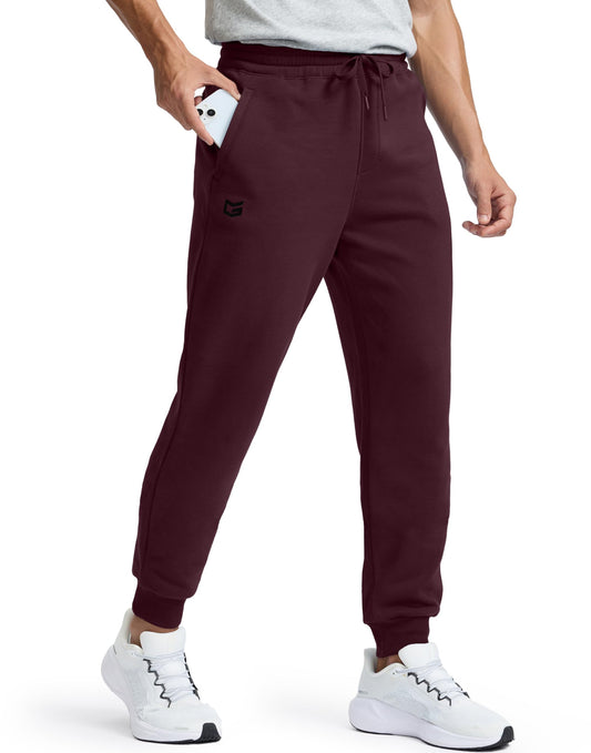 G Gradual Men's Cotton Fleece Lined Joggers with Zipper Pockets Athletic Running Workout Gym Sweatpants Winter Warm Pants Wine