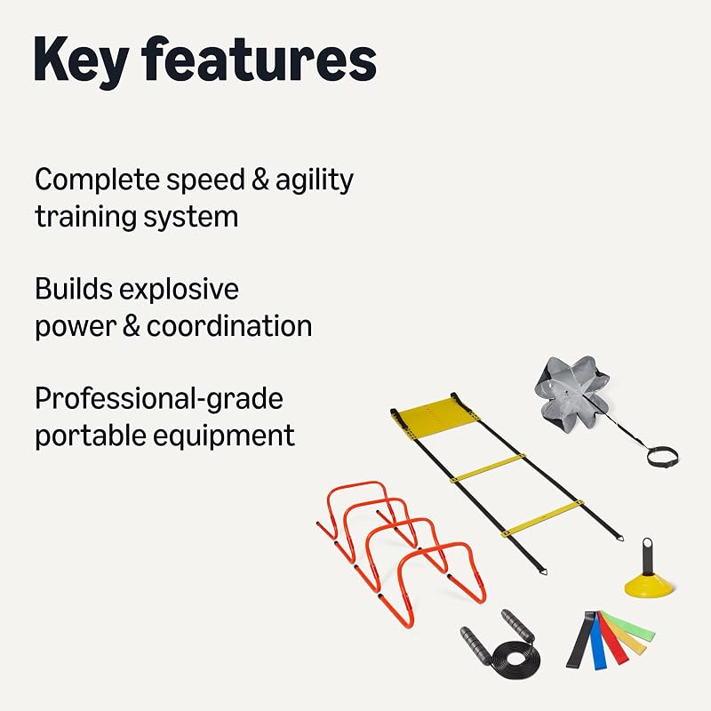 Agility Ladder Training Kit - 20ft Ladder, 4 Hurdles, 12 Cones, Parachute, Jump Rope, 5 Resistance Bands