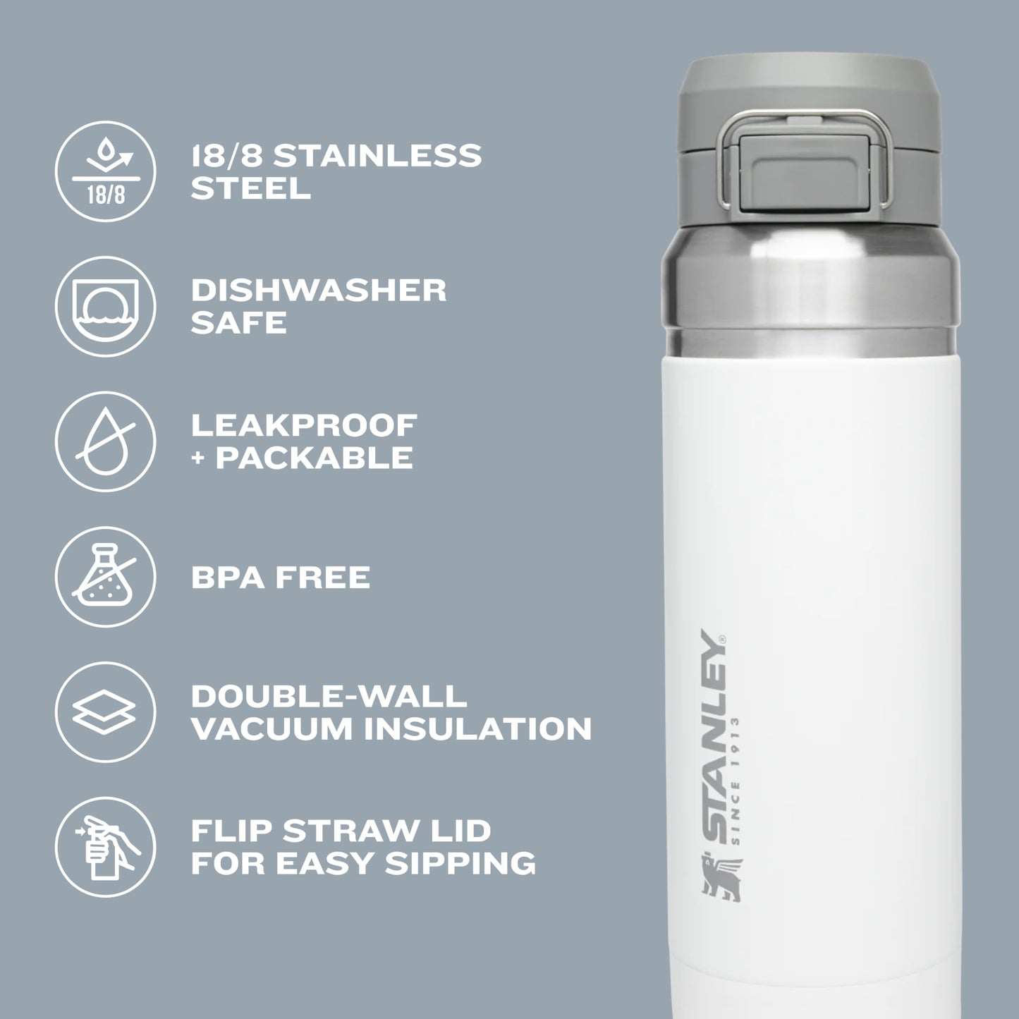 Stanley Quick Flip GO Water Bottle 24 oz | Push Button Lid | Leakproof and Packable for Travel and Sports | Insulated Stainless Steel | BPA-Free | Pool