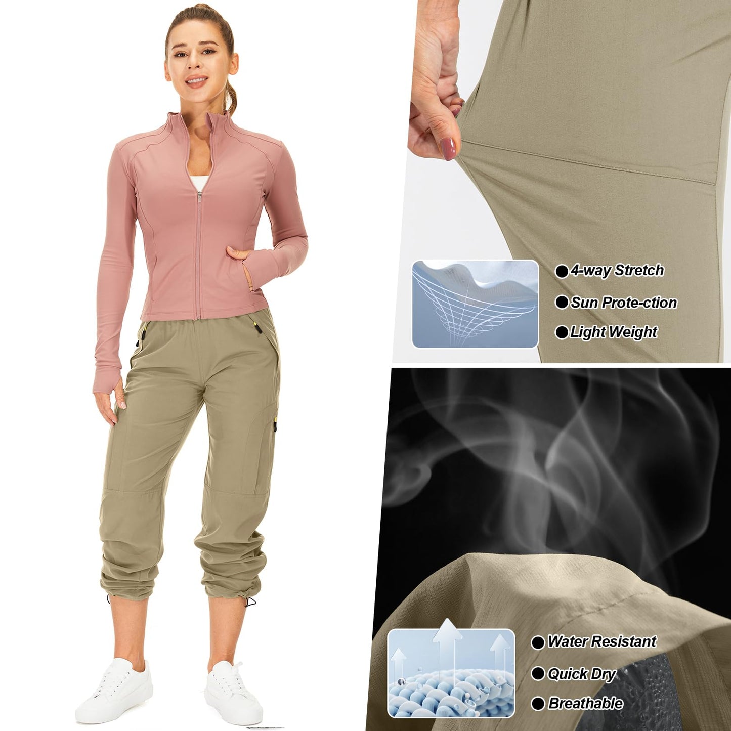 Womens Hiking Pants Sun Protection Quick Dry UPF 50 Lightweight Travel Golf Cargo Safari Pants Zipper Pockets,6608,Khaki,Tall XL