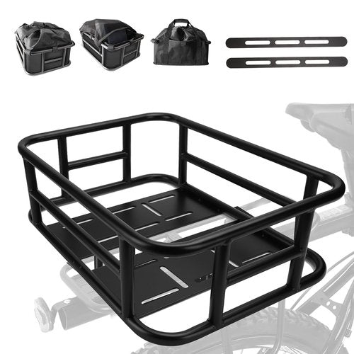 Bike Basket Rear, Bicycle Basket with Liner,Waterproof Cover,Cargo Net, Large Bike Back Baskets, Heavy Duty Rear Bicycle Baskets for Most Bikes and E-Bike (Pipe Bike Basket Rear)