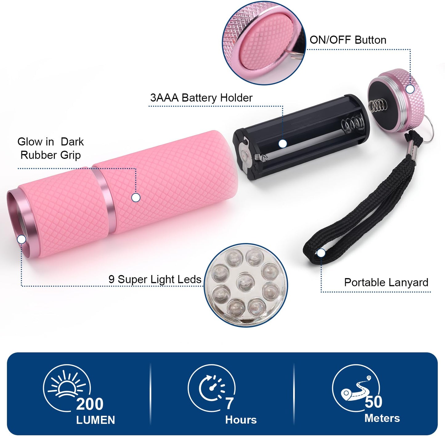 DAFURIET 4 Pack Mini Flashlights, 9 LED Glow-in-the-Dark Aluminum Lights with Straps – Perfect for Camping, Hiking, and Emergency