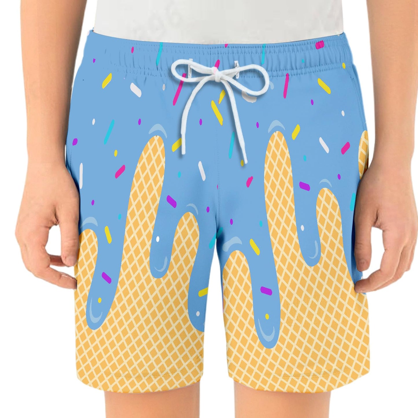Ice Cream Boy Baseball Shorts Waffle Or Cone Quick Dry Preppy Shorts,Kids Ice Cream Drip Track Short Pants 9-10 Years #01 Sky Blue