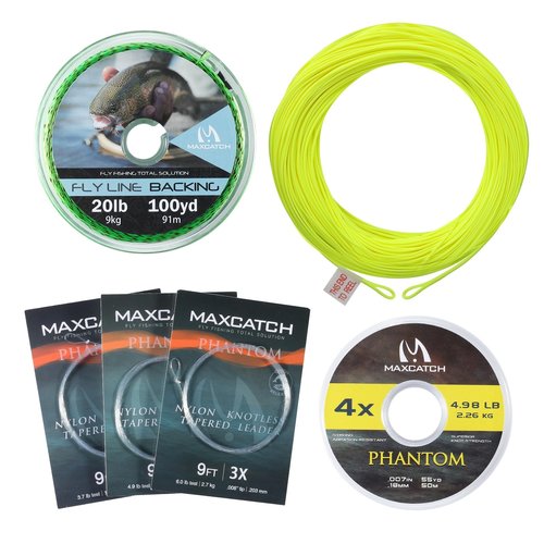 Maxcatch Fly Fishing Line Combo Kit, Weight Forward Floating Line with Two Welded Loops, Backing Line, Tapered Leader and Tippet (Fluo Yellow, WF6F-100FT)