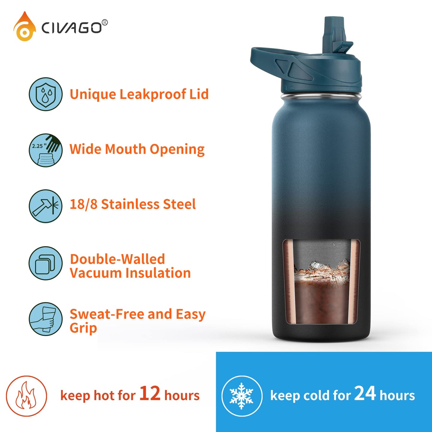 CIVAGO 64 oz Insulated Water Bottle With Straw, Half Gallon Stainless Steel Sports Water Flask Jug with 3 Lids (Straw, Spout and Handle Lid), Large Metal Thermal Cup Mug, Dark Night