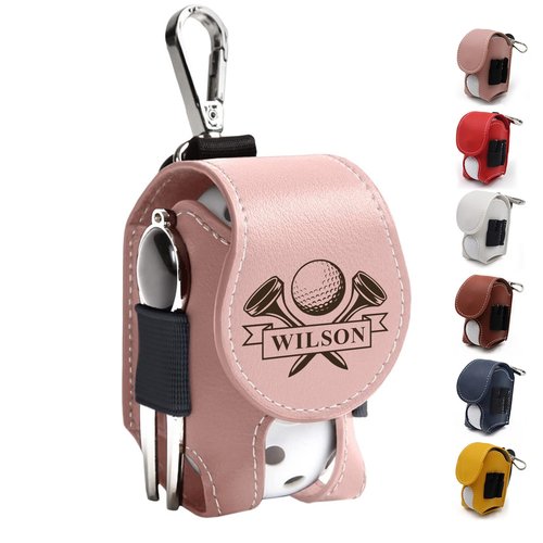 EDSG Personalized Golf Ball Bag Leather Golf Ball & Tee Holder with Belt Clip Personalized Gifts for Men Women Golfers Fathers Day Birthday Personalized Gift for Dad Grandpa Uncle (Pink)
