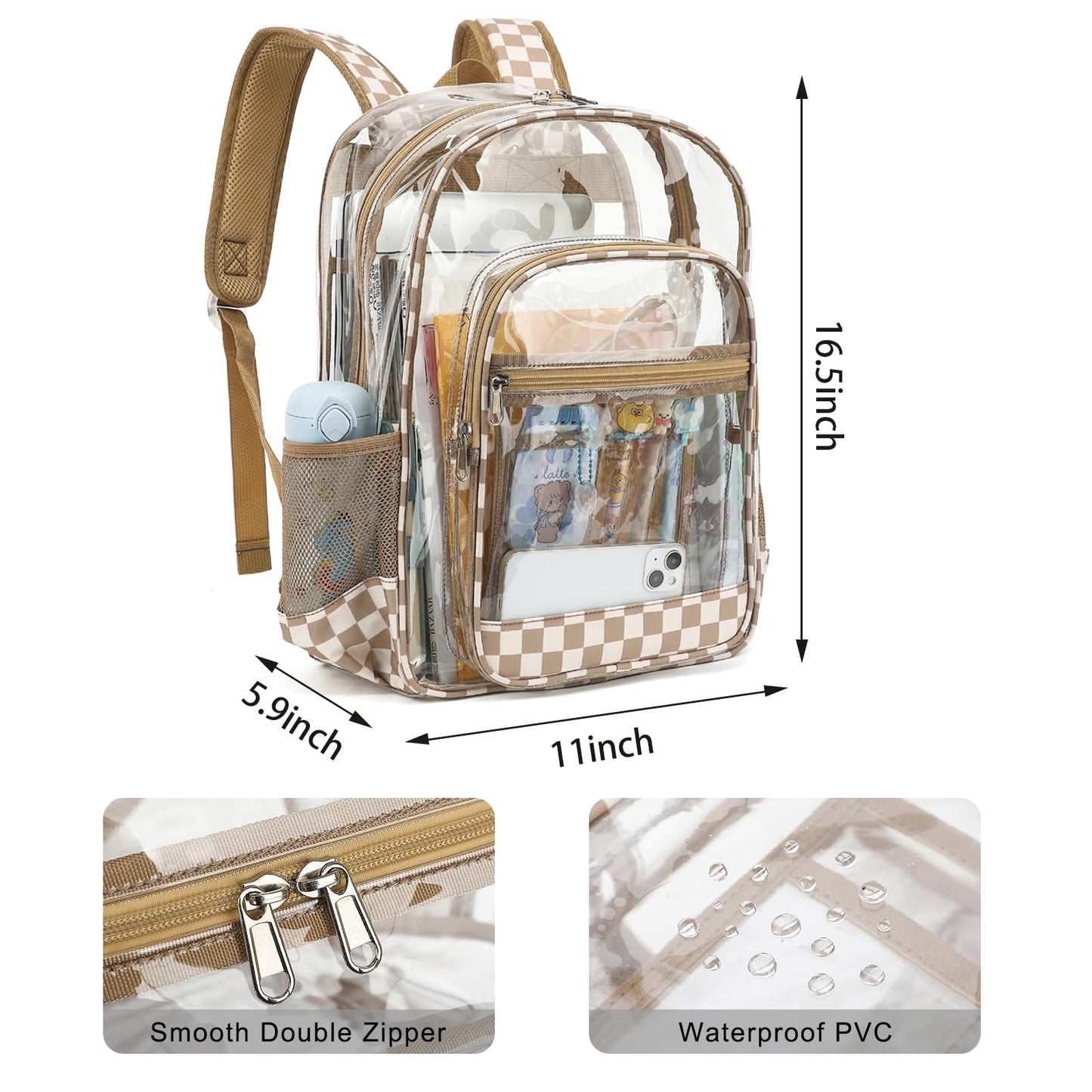 Dezcrab Clear Backpack for School Girls Boys, Heavy Duty Transparent Backpack Kids See-Through Clear Bookbag (Checkered Khaki)