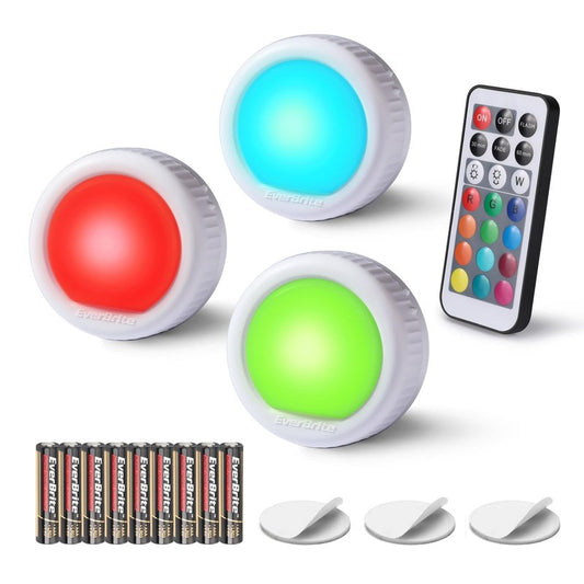 EverBrite Tap Light, Push Light, LED Puck Lights with 12 RGB Colors, Wireless Touch Light Under Cabinet, 80 Lumens Night Light for Closet, Bedroom, Wall, Classroom, 9 AAA Batteries Included, 3-Pack