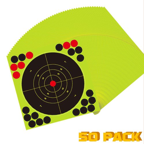 50 Pack 6x6 Inch Splatter Shooting Targets – Splatter Targets with Fluorescent Burst & Repair Patches – Ideal for Shooting Range Practice, Drills, Indoor & Outdoor Use
