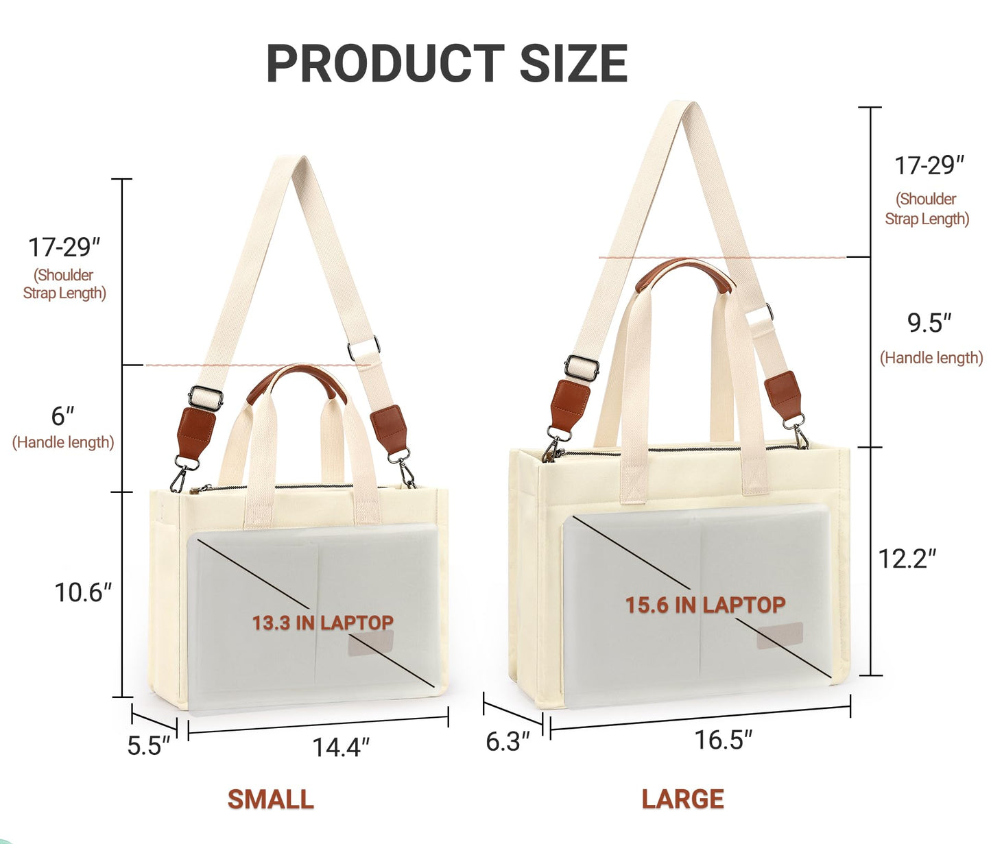 ZORFIN Canvas Tote Bag for Women with Zipper and Compartments Crossbody Work Laptop Bag for Travel College Office, Beige