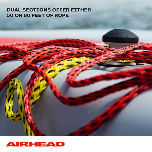 Airhead 2 Section Tow Rope, 1-4 Rider Towable Tube Compatible, Dual Sections, 4,150lb Break Strength, 50 ft and 60 ft Options, Keeper Included