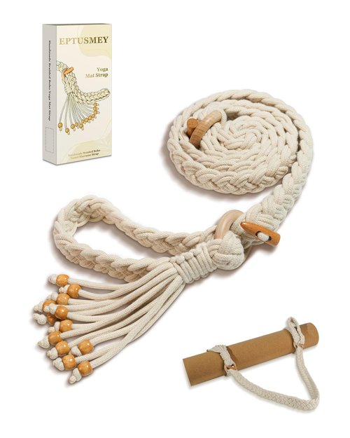 Eptusmey Yoga Mat Straps for Carrying, Handmade Braided Boho Bead Tassel Macrame Strap, Adjustable Thick Yoga Mat Carrier/Holder/Organizing, Stretching Band, Gifts for Women (Mat Not Included)