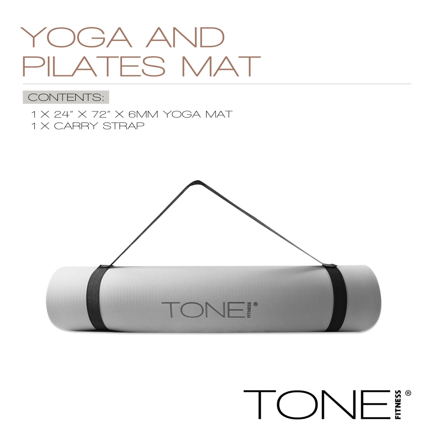 TONE Fitness Yoga Mat 1/4" Thick Non Slip Exercise & Pilates Mat for Home Workouts with Carrying Strap | V Pattern | Gray