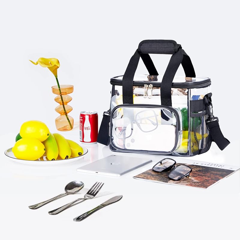 Clear Lunch Bag for Work Stadium Approved, 8x10x7in, 12-Can Capacity - Black + 10 Cans