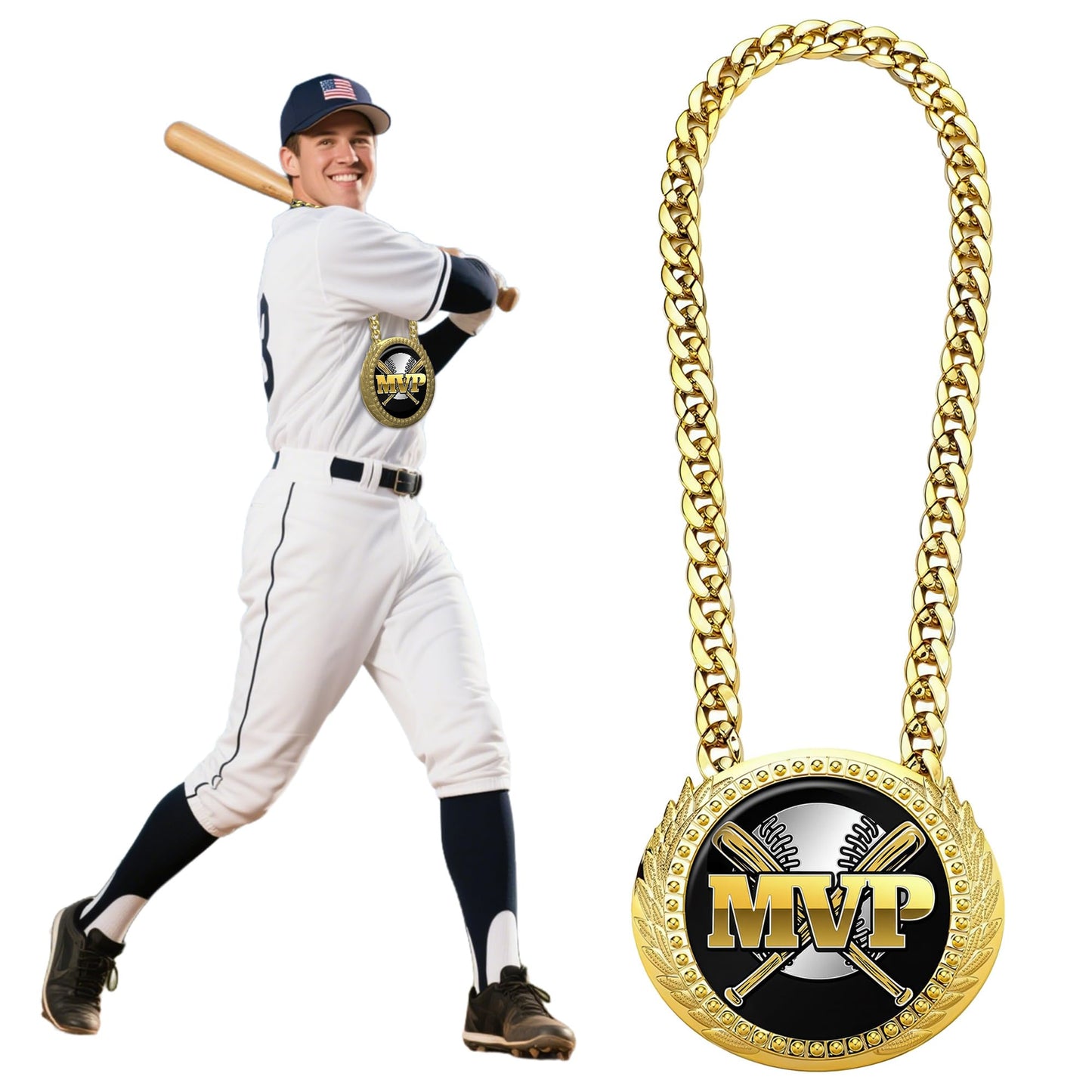 Goutoports Baseball Chain MVP Medal Award – 6" Oversized Gold Turnover Chain Trophy Necklace Prize for Team Champion, Little League, Youth Baseball, Tournament Winner, Banquets Party Gifts