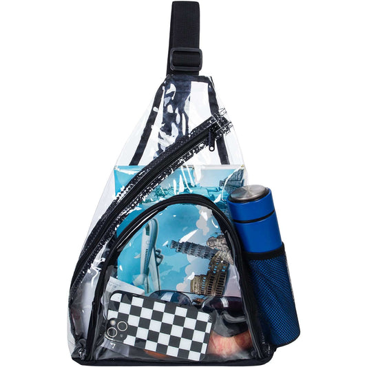 AGSDON Clear Sling Bag Stadium Approved, Small PVC Crossbody Shoulder Backpack, Casual Transparent Daypack - Black
