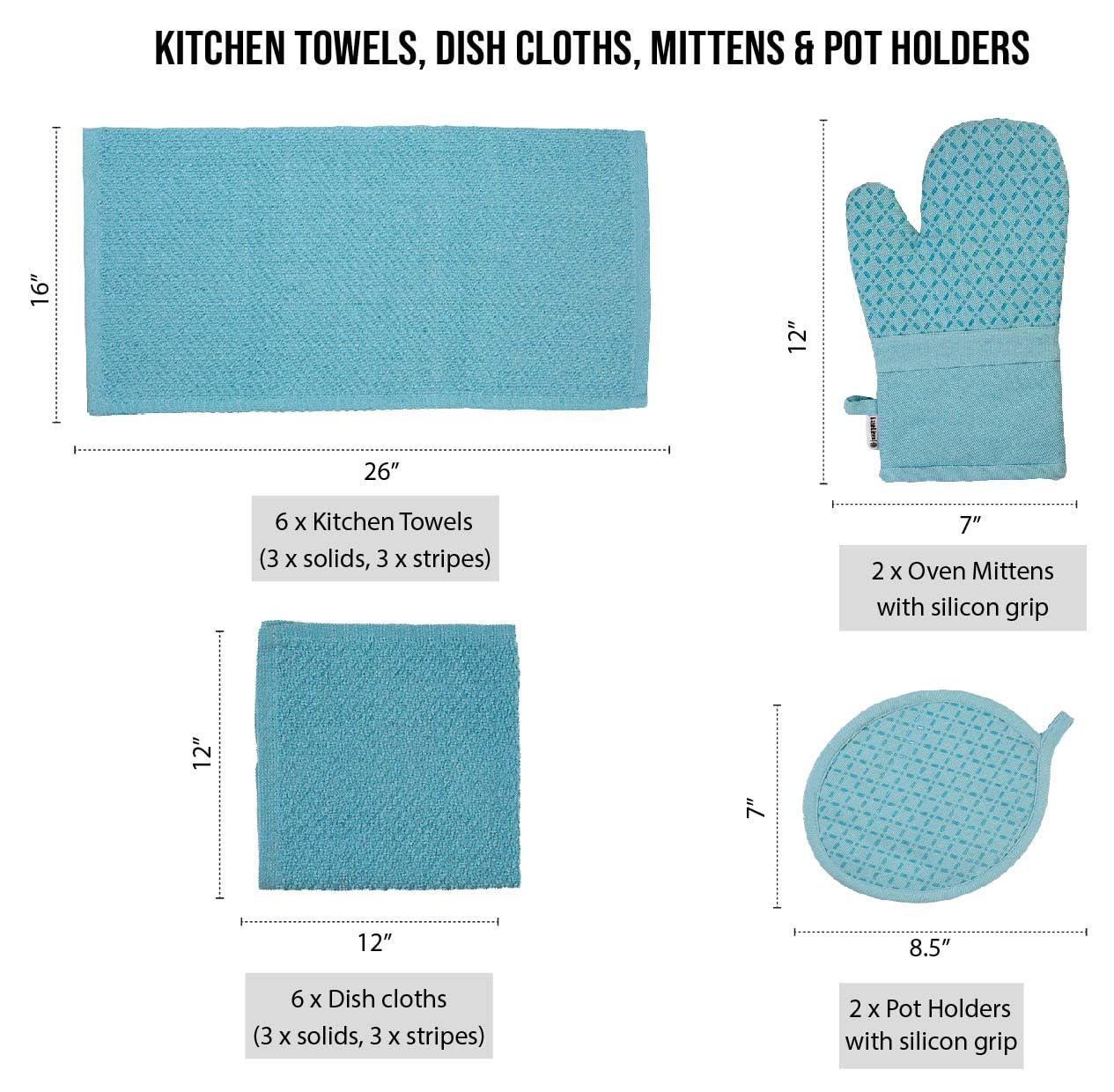 Lane Linen 16Pc Kitchen Towel Set - Heat Resistant Oven Mitts & Pot Holders, Reusable Dish Cloths, Absorbent Hand Towels - Aqua