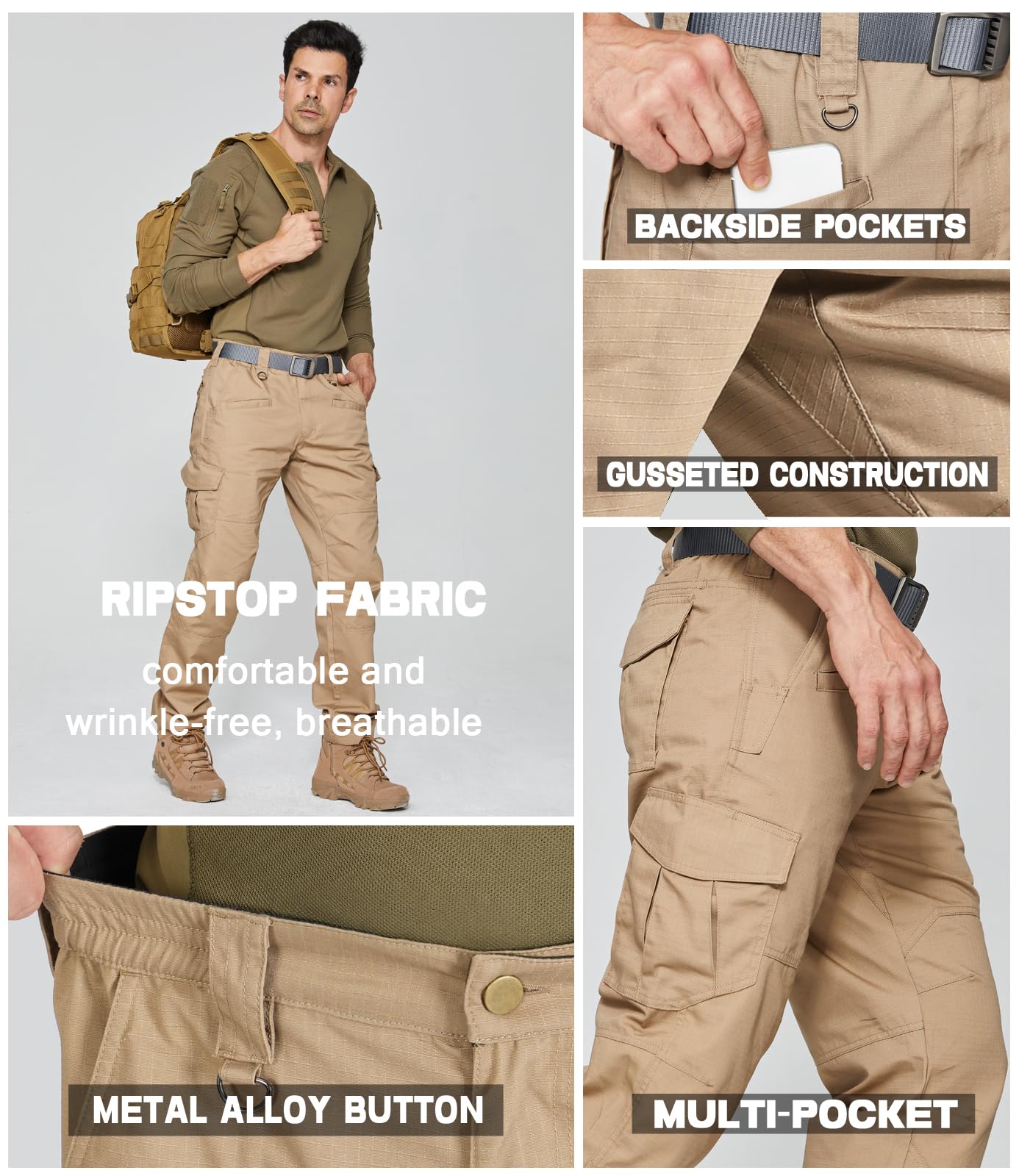 SPOSULEI Mens Tactical Pants Lightweight Ripstop Cargo Work Pants Waterproof Hiking Military Army Pants with Pockets Outdoor Apparel Dark Khaki 36Wx30L