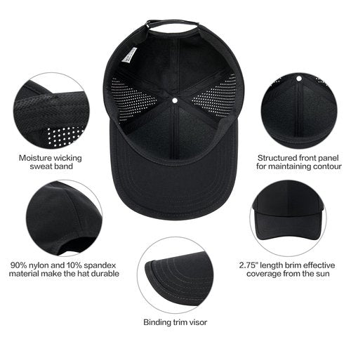 BOTVELA Men Structured Baseball Cap Side Laser Cut Vented Performance Hat for Outdoor Activities (Black)