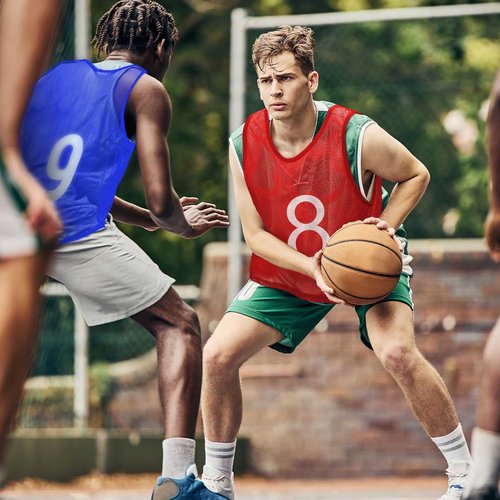 JenPen 24 Pcs Nylon Mesh Pinnies with Numbers Scrimmage Jerseys for Scrimmage Vest Soccer Bibs for Youth Adult with Carry Bag(Blue, Red)
