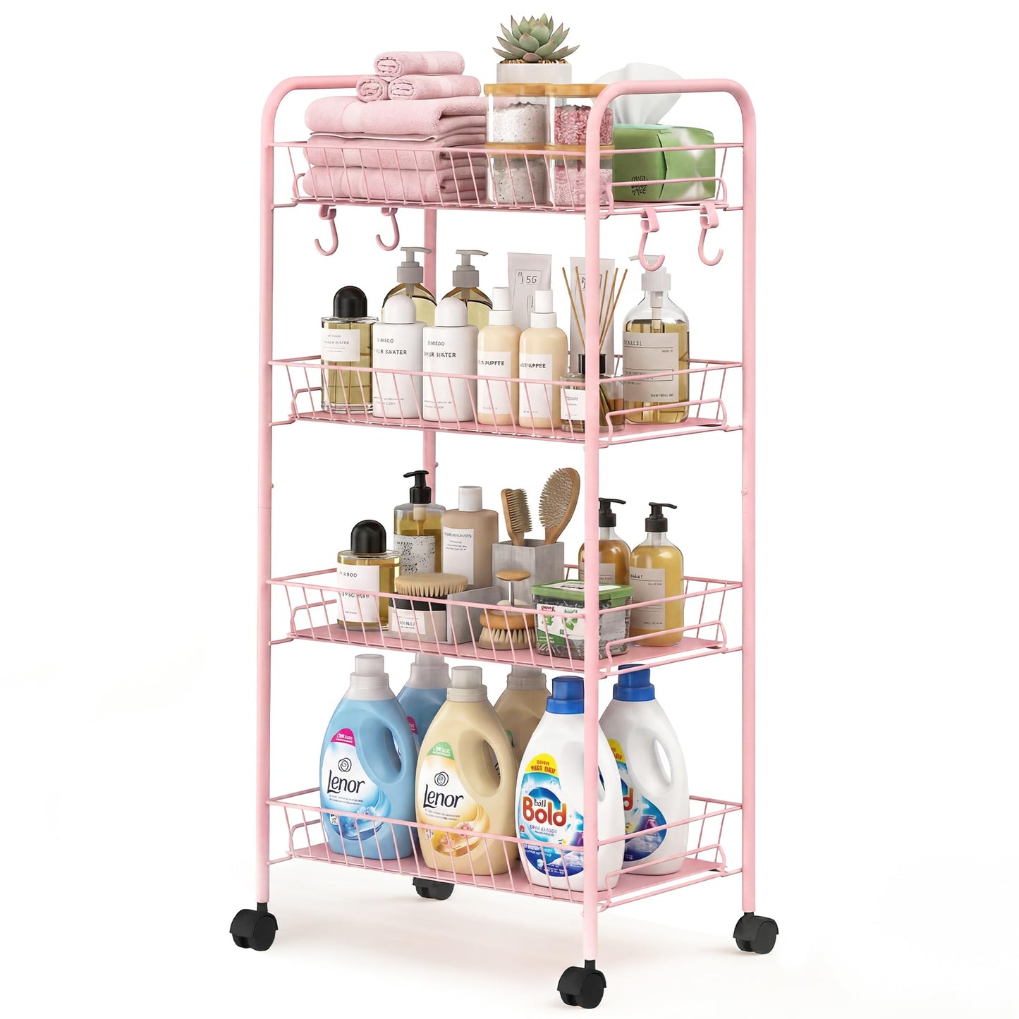 PLKOW 4-Tier Rolling Utility Cart with Detachable Baskets, Pink