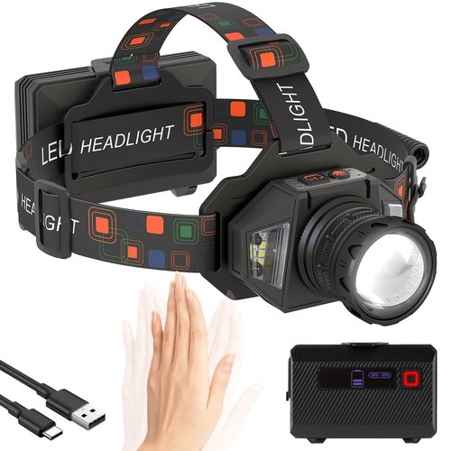 WARKAR LED Headlamp Flashlight, 1100 Lumens Super Bright Rechargeable Headlight with White Red Light | 9 Modes | Zoomable | Waterproof Motion Sensor Head Lamp for Camping Running Hunting Car Repair