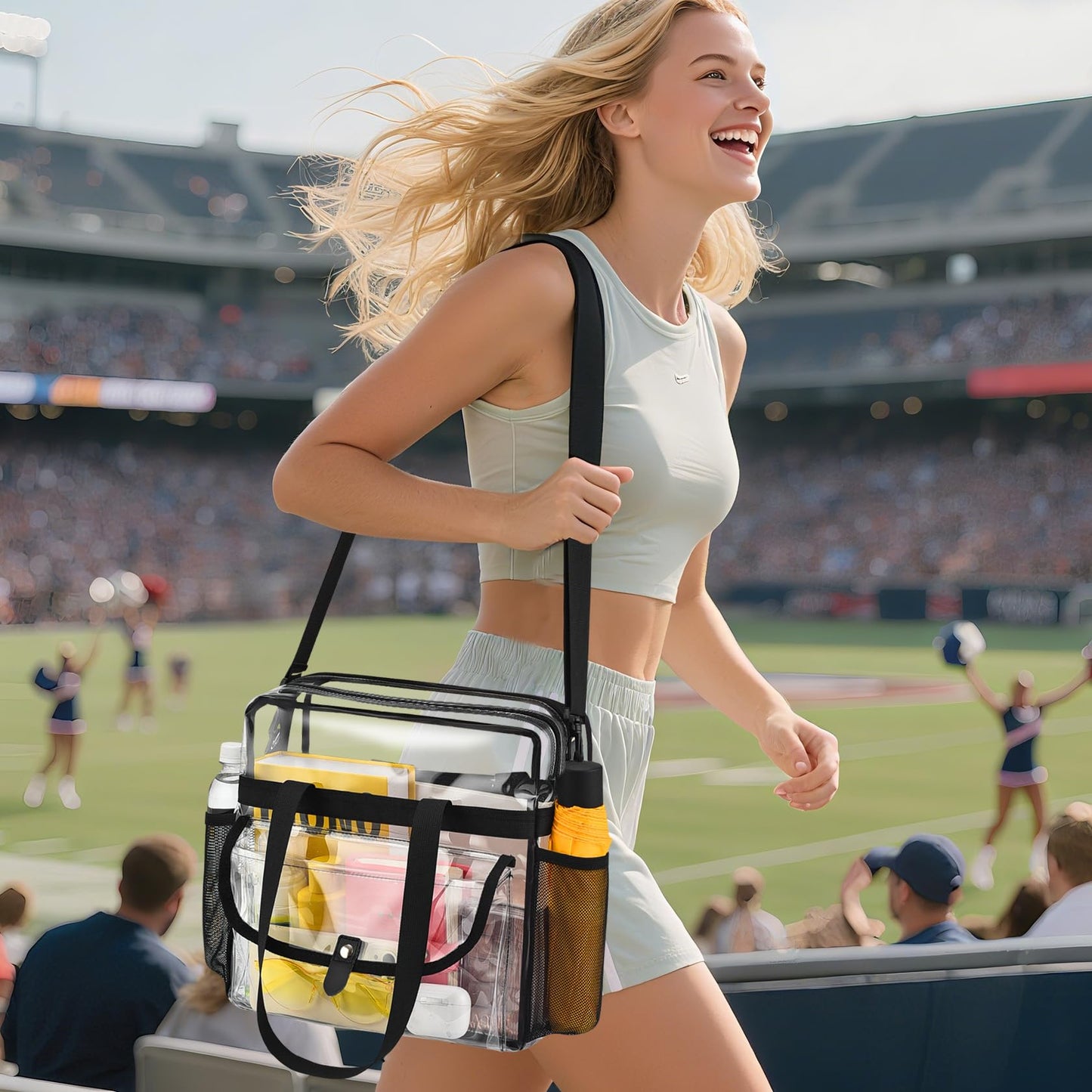 Higuyst Clear Tote Bag 12x12x6 for Sports Events & Concerts,Transparent Stadium Bag with Adjustable Strap, Mesh Pockets (Black)