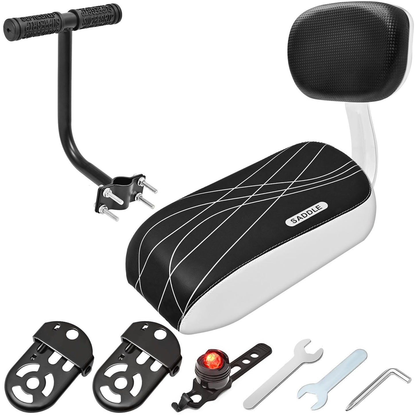 Kids Bike Seat Child Bike Rear Seat Bike Back Seat with Backrest Child Bicycle Rear Seat Bicycle Rear Seat Cushion Safety Armrest Handrail Feet Pedals Kids Bike Seat Carrier for Over 5 Years Old