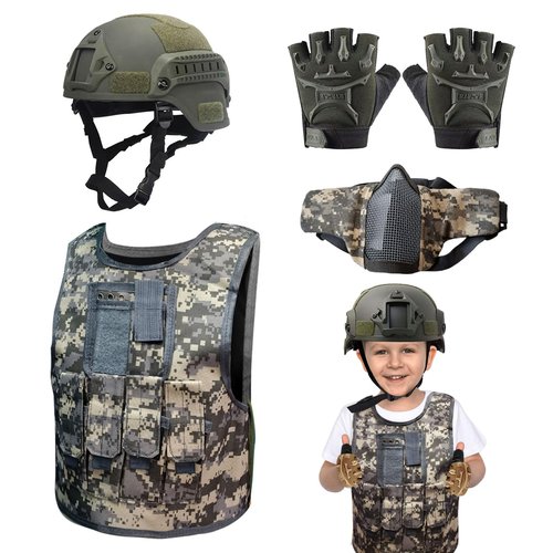 4PCS Kids Tactical Vest Set with Helmet, Gloves, Mask for Paintball & Airsoft - Adjustable Straps, Reinforced Nylon Tactical Gear, Camouflage Green