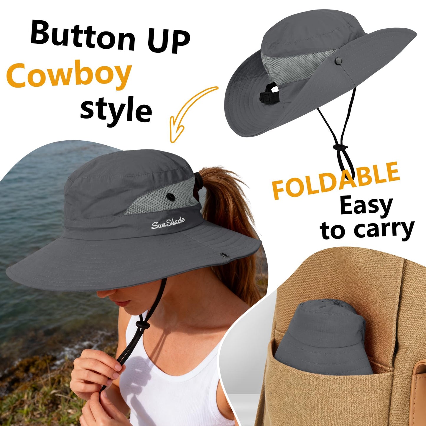 ZOORON Women's Ponytail Safari Sun Hat,Wide Brim UV Protection Bucket Hat