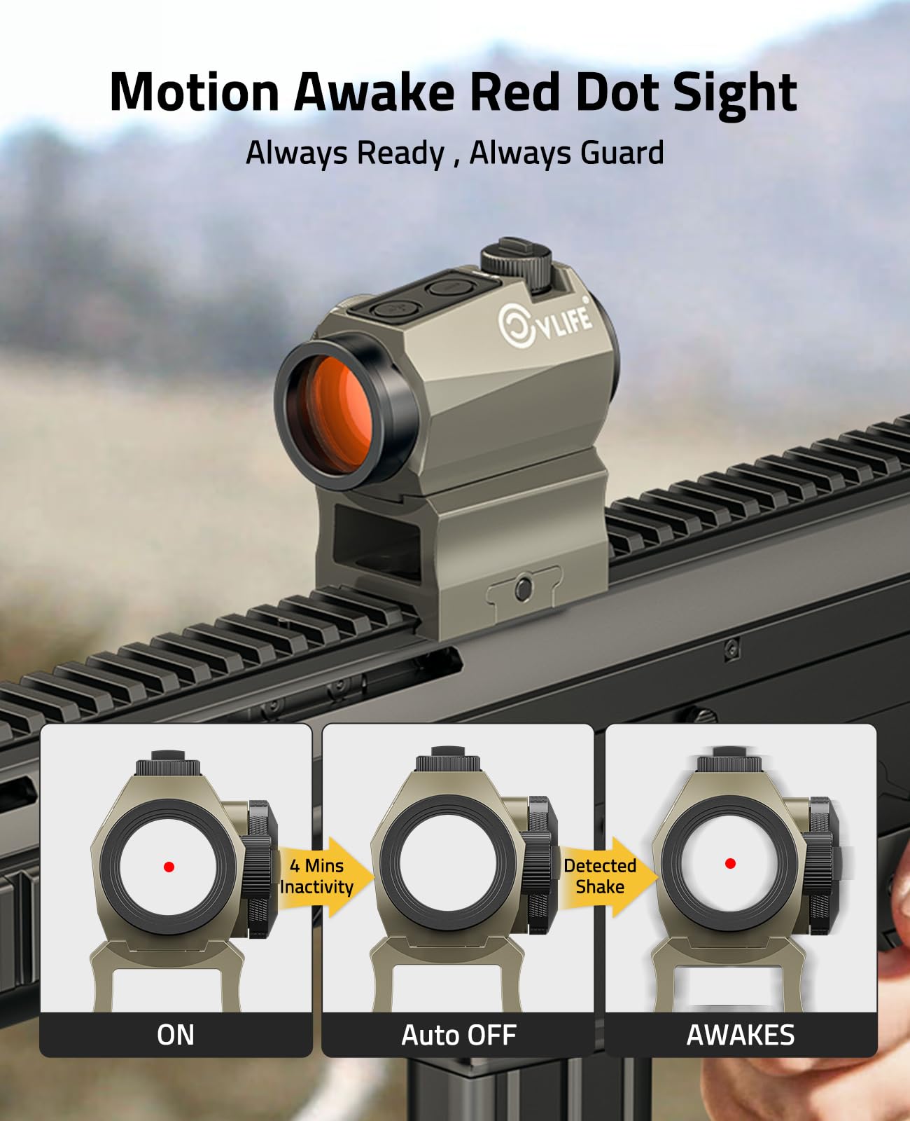 CVLIFE JackalHowl Red Dot Sight, Motion Awake 2 MOA Red Dot Optics, IPX7 Waterproof & Fogproof, 50,000H Battery Life, 1x20mm Compact Red Dot Scope for 21mm Picatinny Rail, Absolute Co-Witness (Sand)