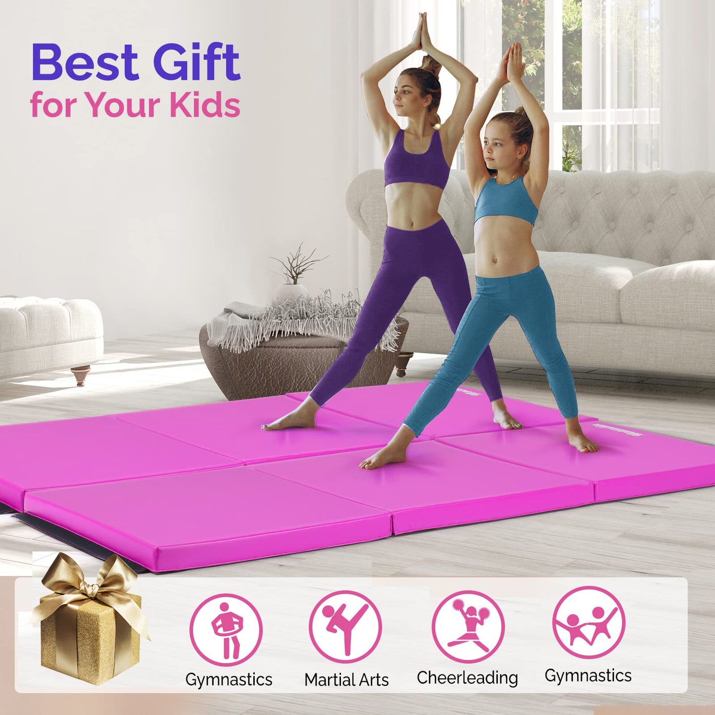 Matladin 6' Folding Tri-fold Gymnastics Gym Exercise Aerobics Mat, 6ft x 2ft x 2in PU Leather Tumbling Mats with Hook & Loop Fastener for Stretching Yoga Cheerleading Martial Arts