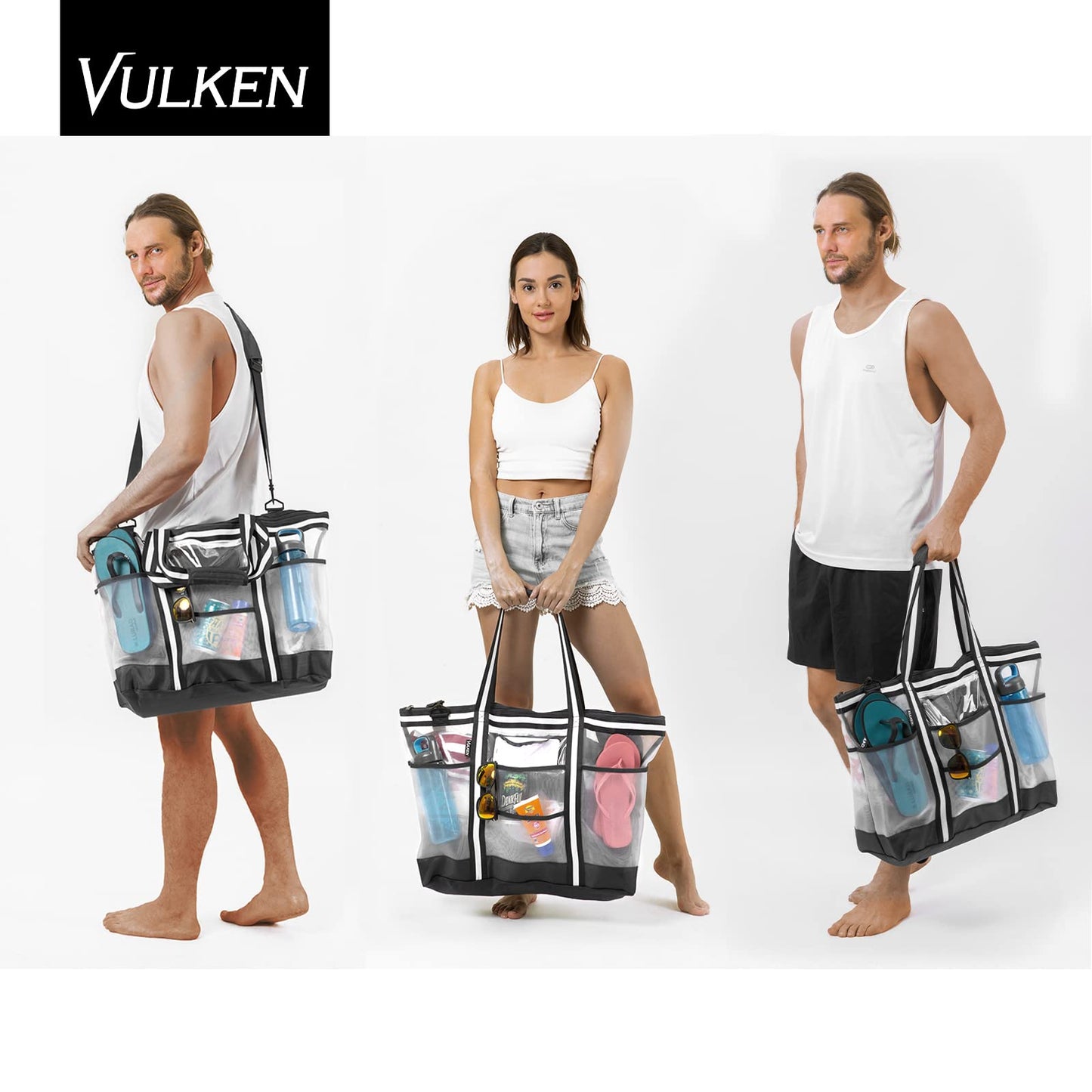 Vulken 42L Extra Large Mesh Beach Bag. 9 Pockets Top Zip Tote Bag Shoulder Bag. (Black&White)