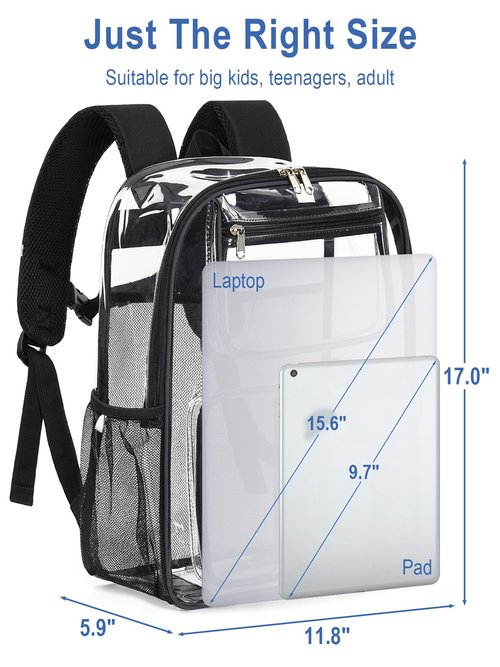 QOECI Heavy Duty Clear Backpack For School, 17 Inch Large Clear Bookbag For Kids Boys Girls Women Men, 360° 3M Reflective Strips See Through Backpack, Multi-Pockets Tranparent Bag, College Work, Black
