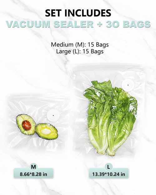 FIII Vacuum Sealer with 30 Reusable Bags for Food, Powerful Handheld Vacuum Sealer Machine with Visible Water Tank, One Touch Kitchen Storage and Preservation (white & gray)
