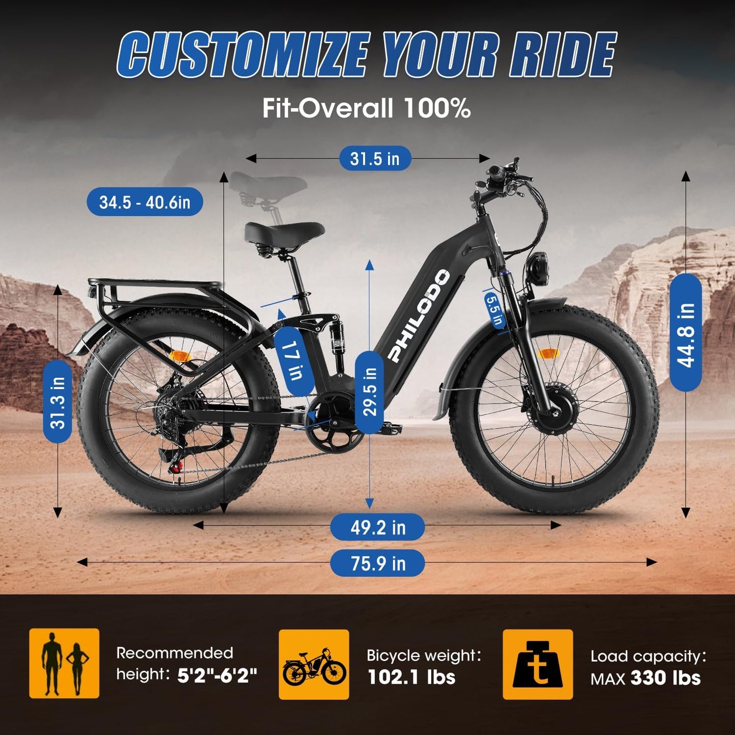 PHILODO Falcon 60V 32AH Off-Road Electric Bike 45MPH - 5000W Peak Dual Motor Hunting Ebike, Fat Tire Full Suspension Dirt Bike for Adults, Long Range Snow/Sand Electric Bicycle